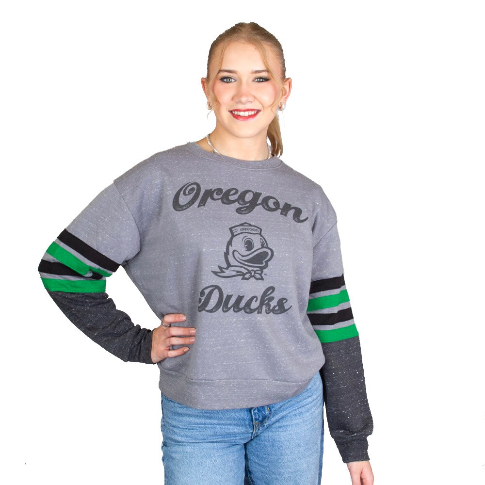 Ducks Spirit, Colosseum, Grey, Pullover, Polyester Blend, Women, Oregon Mascot, Striped, Sweatshirt, 954273